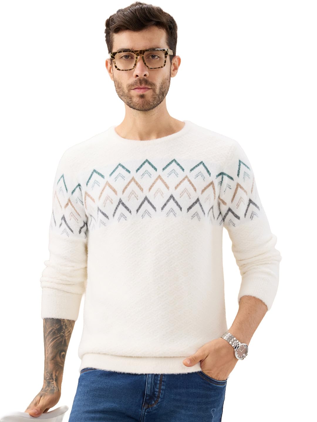 status quo Men's Chevron Chest Round Neck Regular Fit Full Sleeves Sweater-picture-29