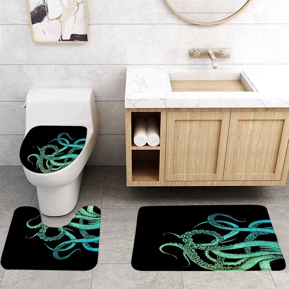 FGYGYK Octopus Tentacles 3 Pcs Bath Rugs Set,Ocean Kraken Green Sea Animal Underwater Marine Life Nautical Modern Bathroom Kitchen Rug with 17.8