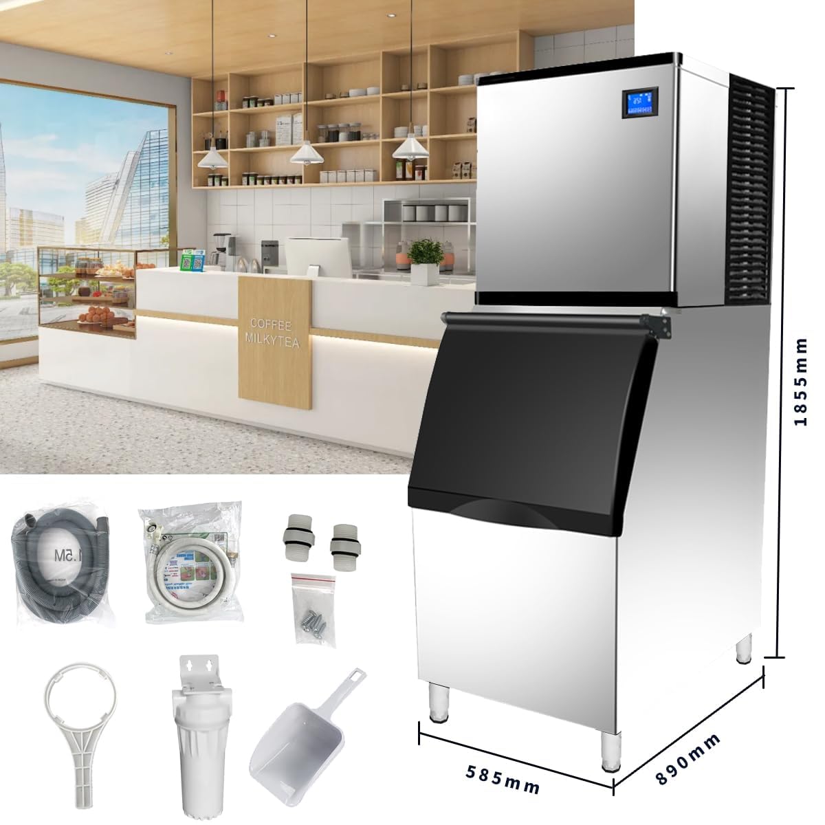 Commercial Ice Maker Machine 1000Lbs/24H, 640Lbs Storage Bin, 380 Clear Ice Cubes in 8-15 Mins, Stainless Steel Commercial Ice Machine with Auto Cleaning for Restaurant Bar Cafe Hotel