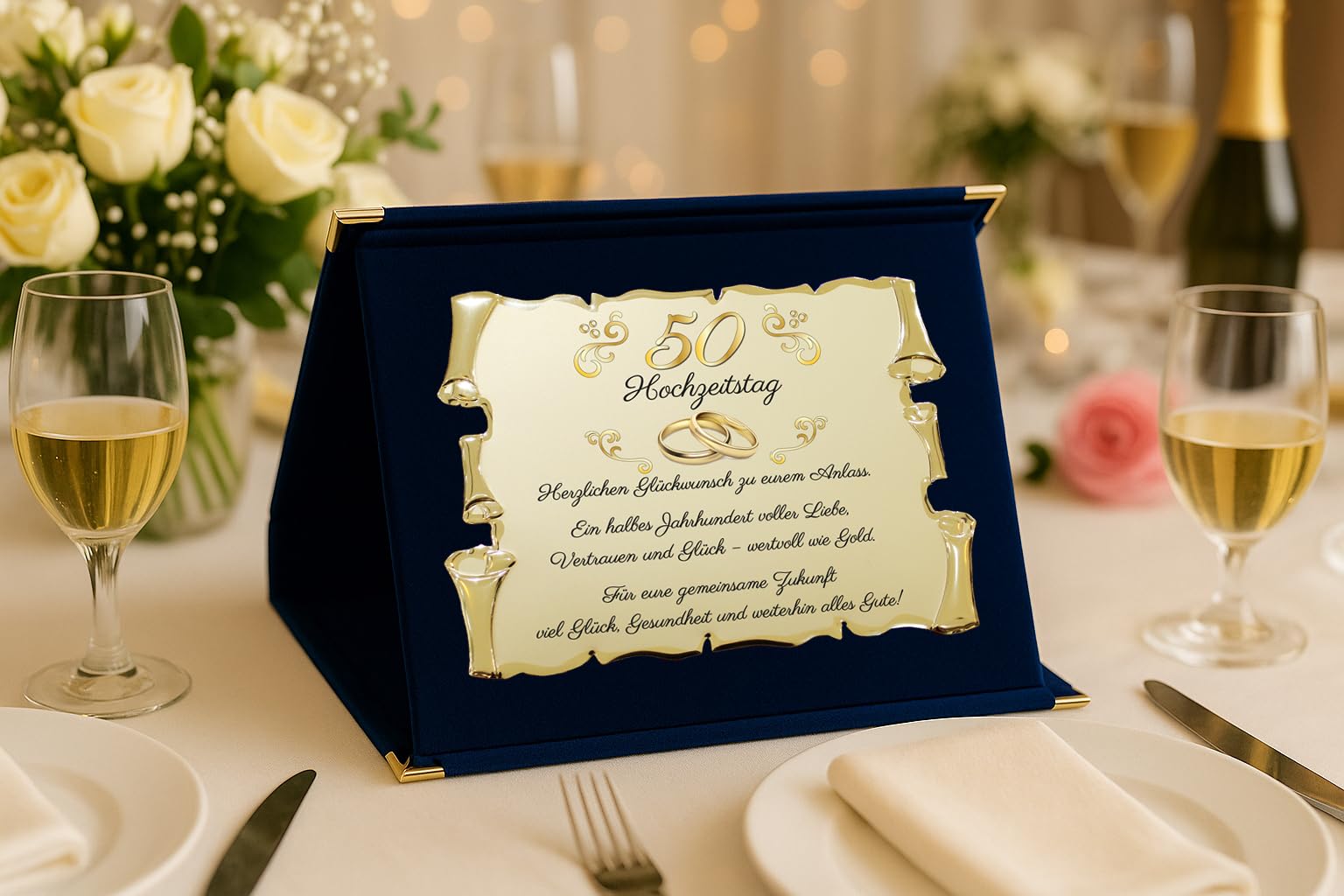 50e anniversaire de mariage - Noces d'or pour parents, grands-parents et amis - Élégant tableau parchemin doré avec boîte en velours - Idée cadeau spéciale pour anniversaire de mariage (bleu, 50 ans)