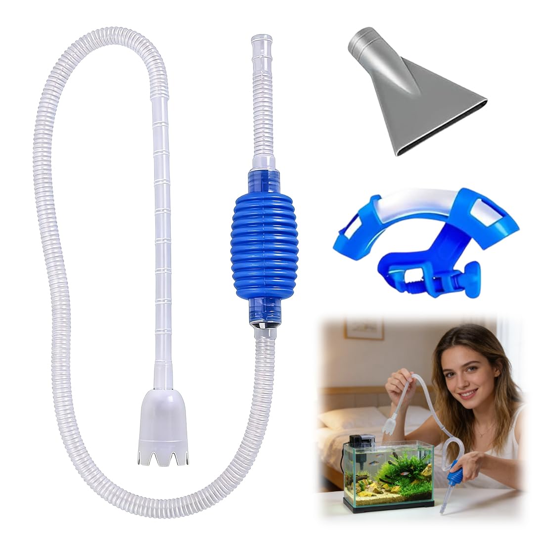 Aquarium Siphon with Manual Pump - Includes Hose, Pump, Stand and Nozzle, 1.5 m - Complete Water Change and Gravel Cleaning Kit for Small and Medium Aquariums
