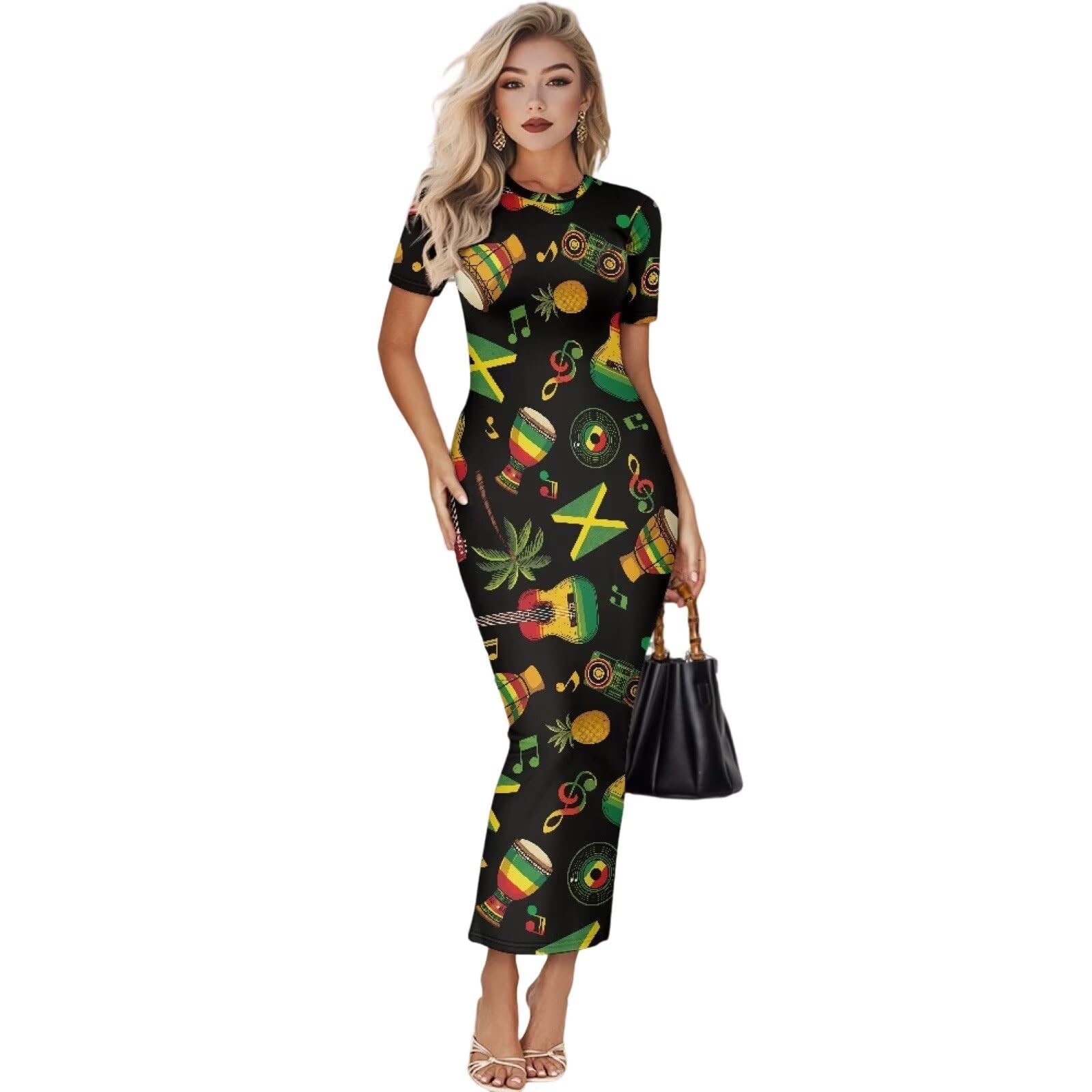 Womens Short Sleeve Jamaican Flag Midi Bodycon Dress