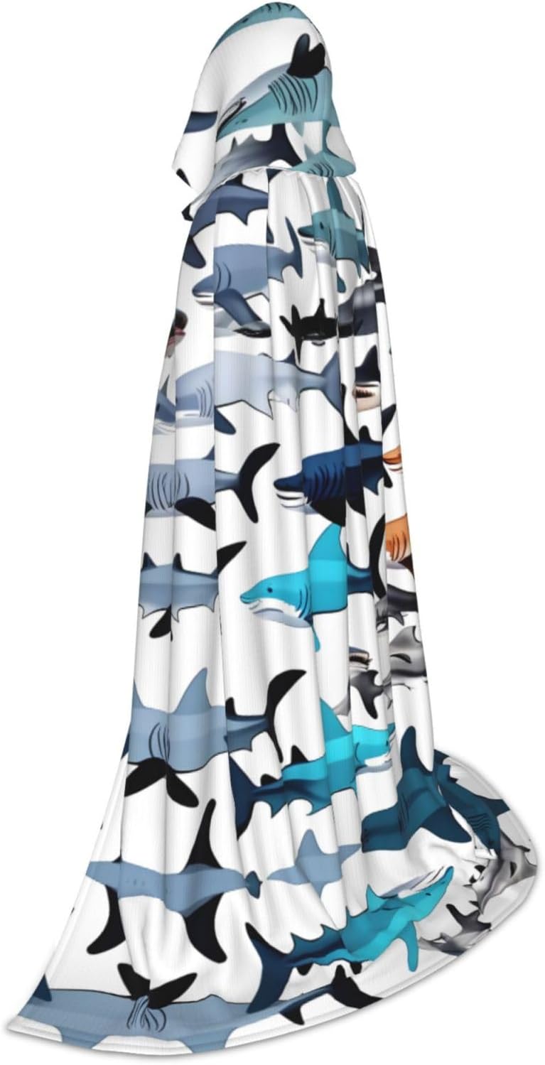 Sharks pattern print Wizard Hooded Robe Medieval Cape Renaissance Cloak for Men Women Halloween Costume