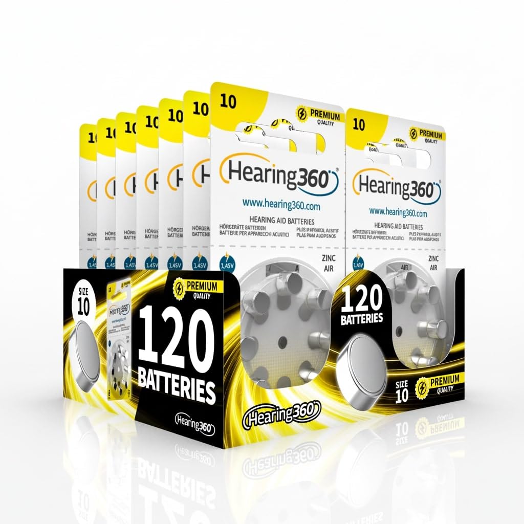 120 batterie per apparecchi acustici misura 10 qualità premium, durata extra, compatibili con tutti i modelli, senza mercurio (15 blister da 8 pile)
