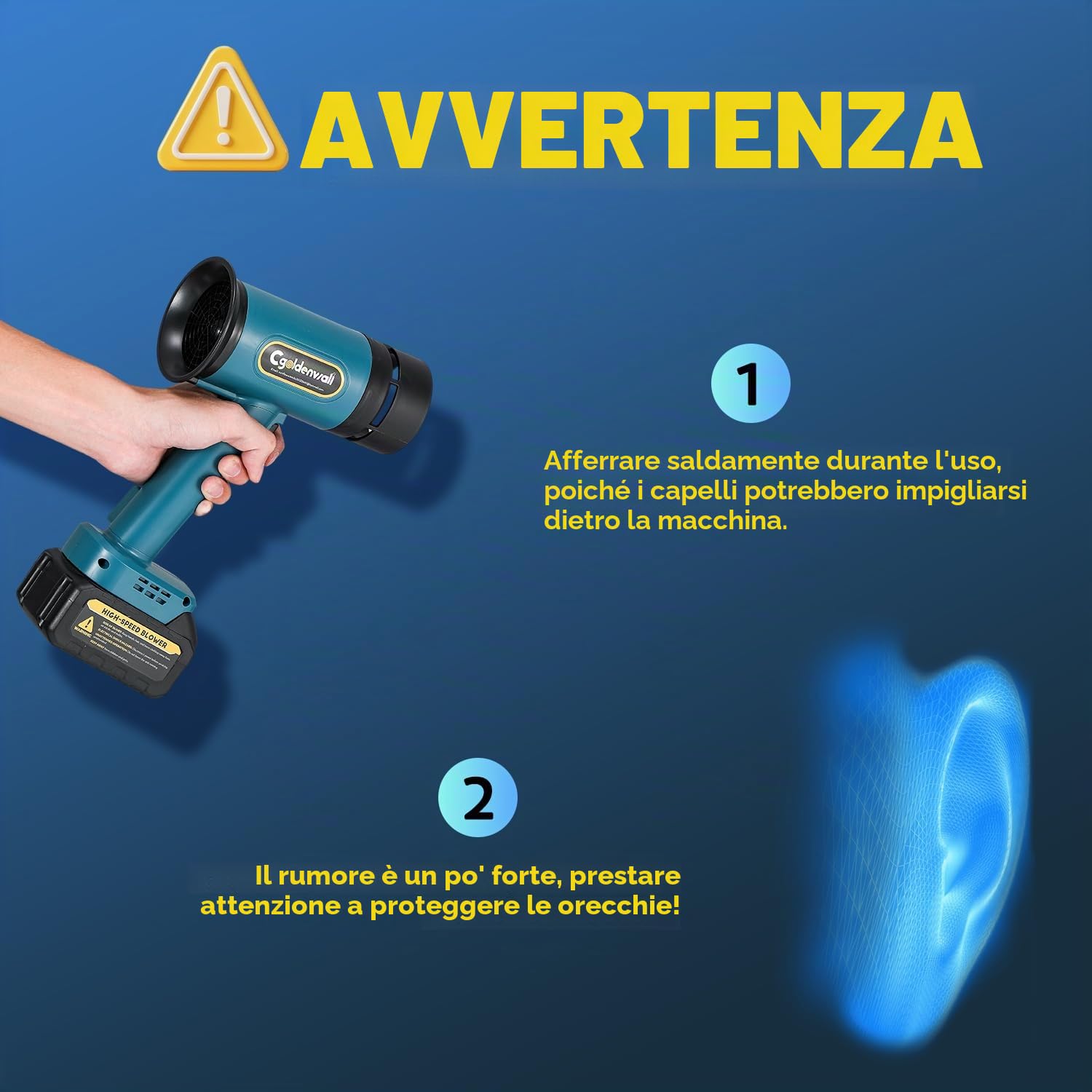 CGOLDENWALL Soffiatore a Batteria 21V, Soffiatore Foglie con 2 Batterie da 4.0 Ah, Motore da 60000 giri/min, 4 Velocità Regolabili, Portatile per Giardino, Patio, Auto e Pulizia della Neve