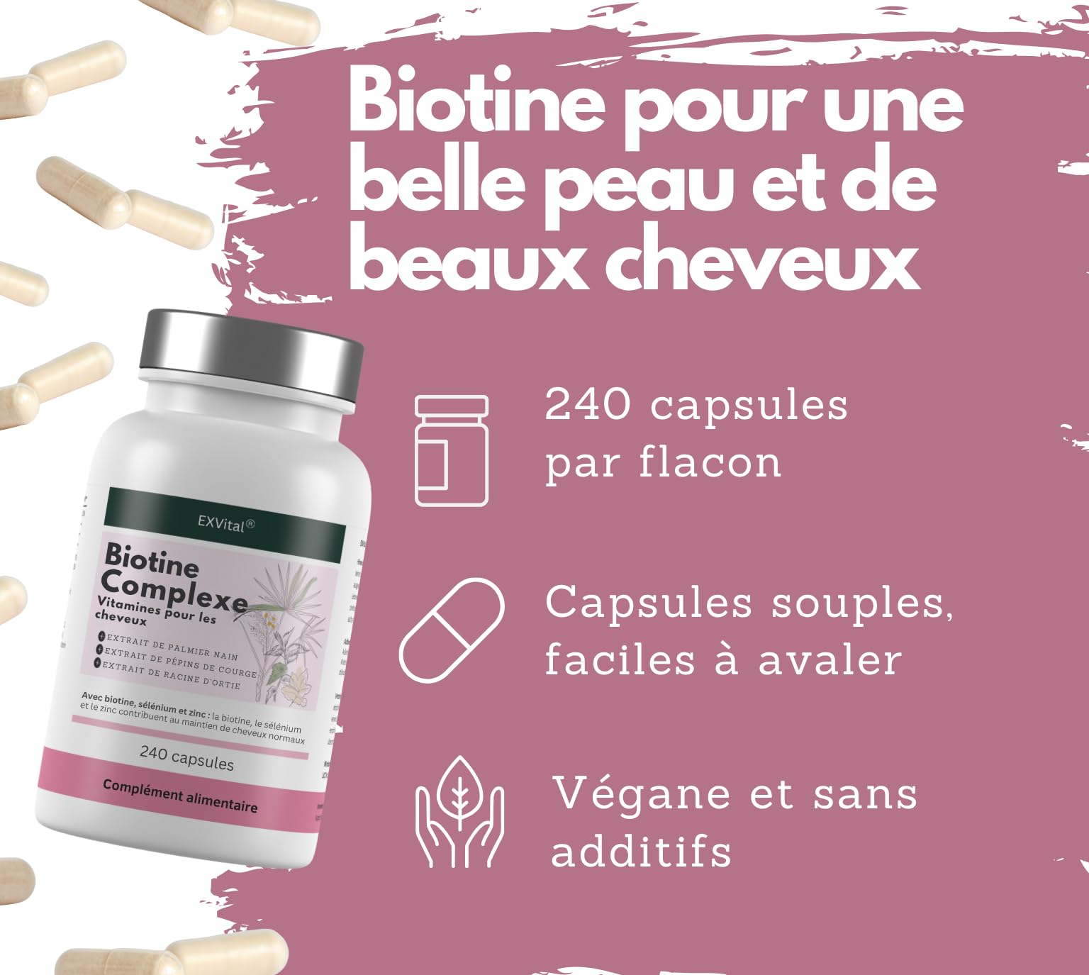 EXVital Biotine Complexe, Vitamines pour les cheveux, Avec extraits de palmier nain, de pépins de courge et de racine d’ortie, 240 capsules véganes, enrichies en sélénium et zinc, testé en laboratoire