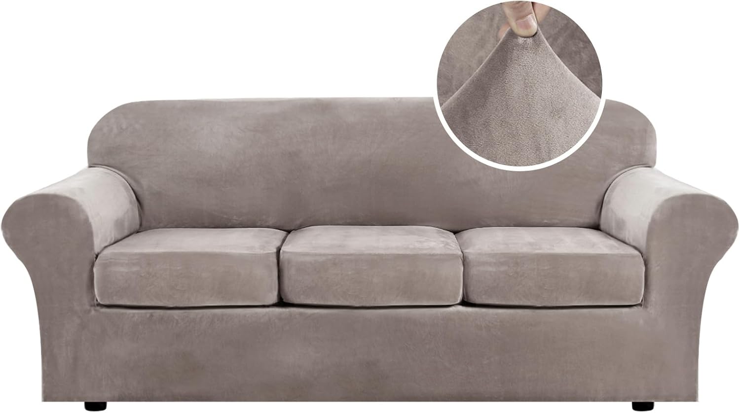 H.VERSAILTEX Modern Velvet Plush High Stretch Sofa Slipcover Furniture Protector Form Fit Luxury Thick Sofa Cover for 3 Cushion Couch, Machine Washable Width Up to 90 Inch (Sofa,Taupe), 4 Piece 3 Cushion Sofa Taupe