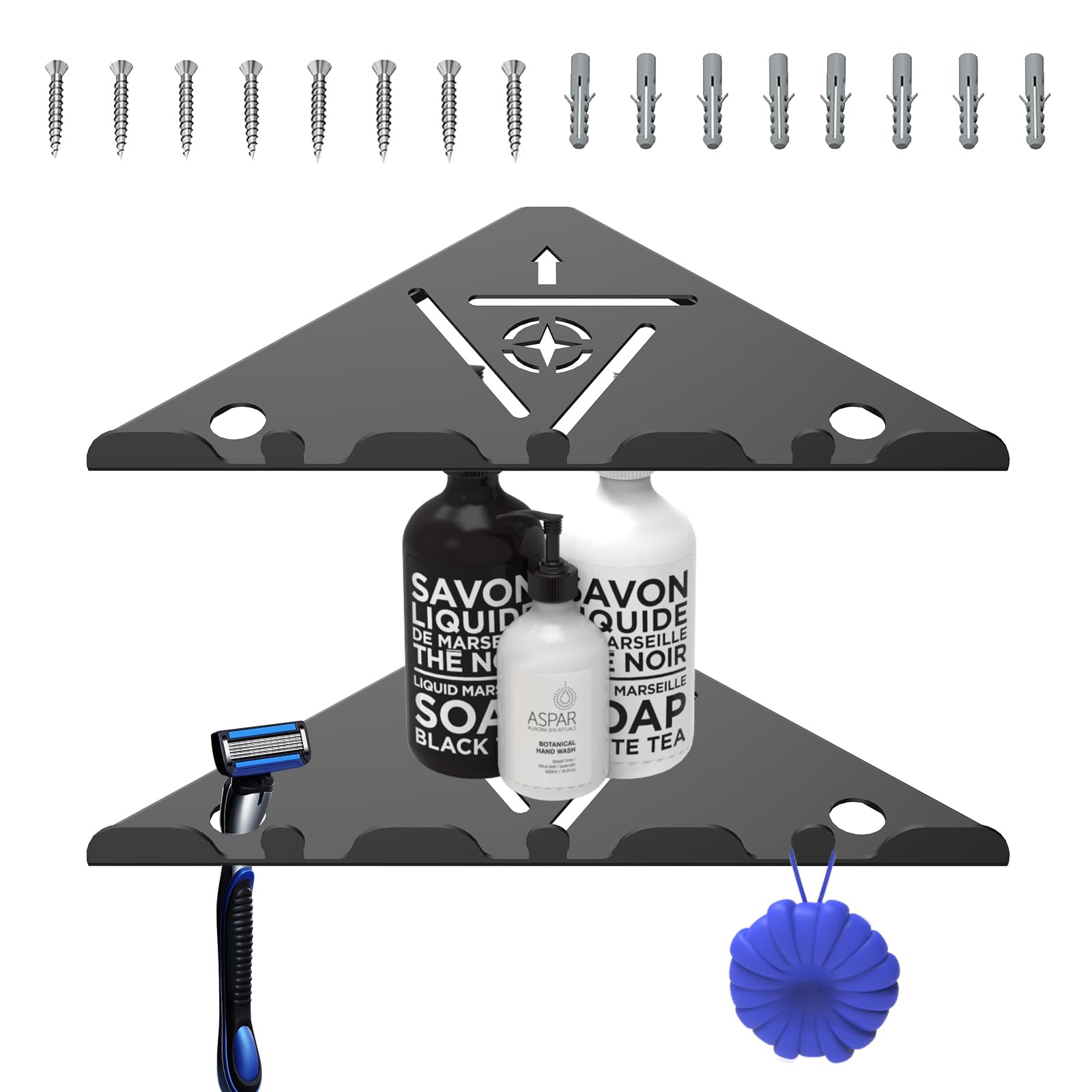 2 Pack Corner Shower Shelf, 10" 304 Stainless Steel Modern Corner Shower Shelf for Inside Shower, Heavy Duty Shower Caddy Organizer with Razor Hole, Drilling Installation (Black, 10")