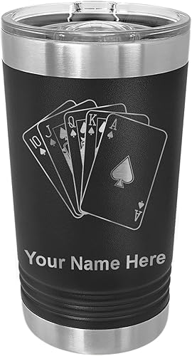 LaserGram Vaso de pinta aislado al vacío de 16 onzas, tarjetas de póquer Royal Flush con grabado personalizado incluido (negro)