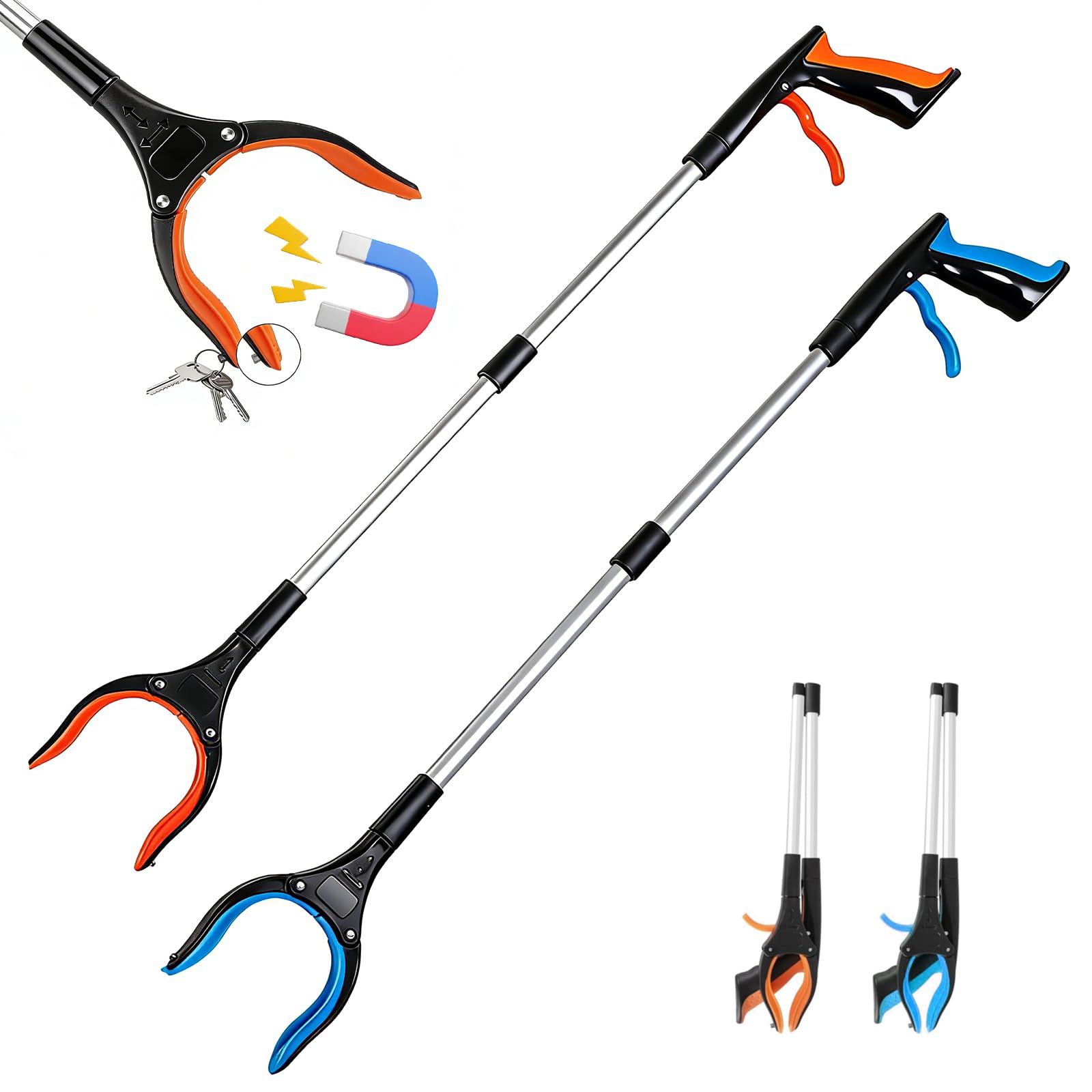2 Piezas Pinza Brazo Recoge Objetos, Pinza Recoge Objetos Plegable Pinzas Larga Extensibles con Imán y Pinza Antideslizante Rotatoria de 360° para Mayores, Embarazadas, Discapacitados