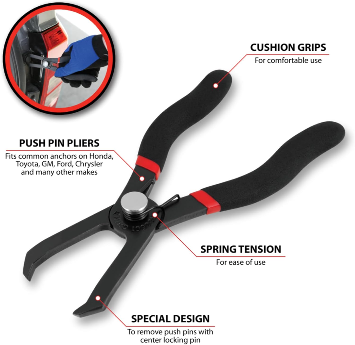 Performance Tool W86561 Angled Push Pin Pliers for Retainer & Anchor for Honda, Toyota, GM, Ford, Chrysler, Black