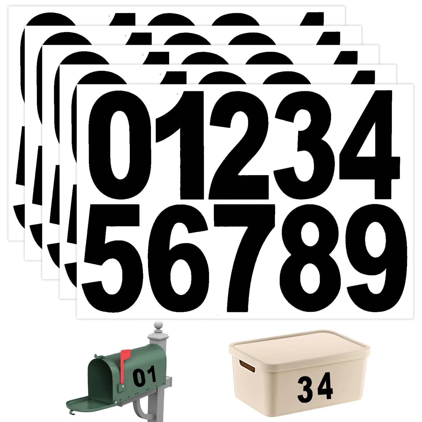 UTMACH 6 vellen reflecterende nummerstickers, zwart en wit, cijferstickers, huisnummer, reflecterend, zelfklevend, 0-9, weerbestendig, voor vuilnisbak, brievenbus, 74 mm