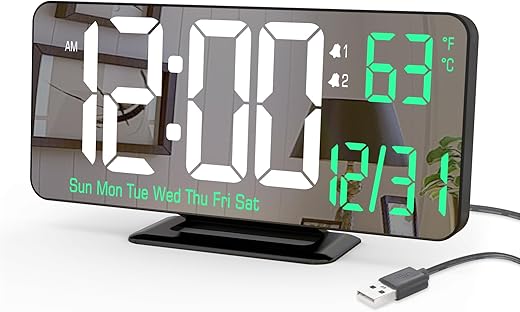 KOSUMOSU Desk Clock 6 . 7 in Black Digital Alarm Clock with Dual Alarm, Dimming, Date, Day of Week