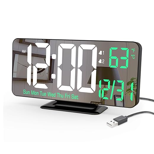 KOSUMOSU Desk Clock 6 . 7 in Black Digital Alarm Clock with Dual Alarm, Dimming, Date, Day of Week