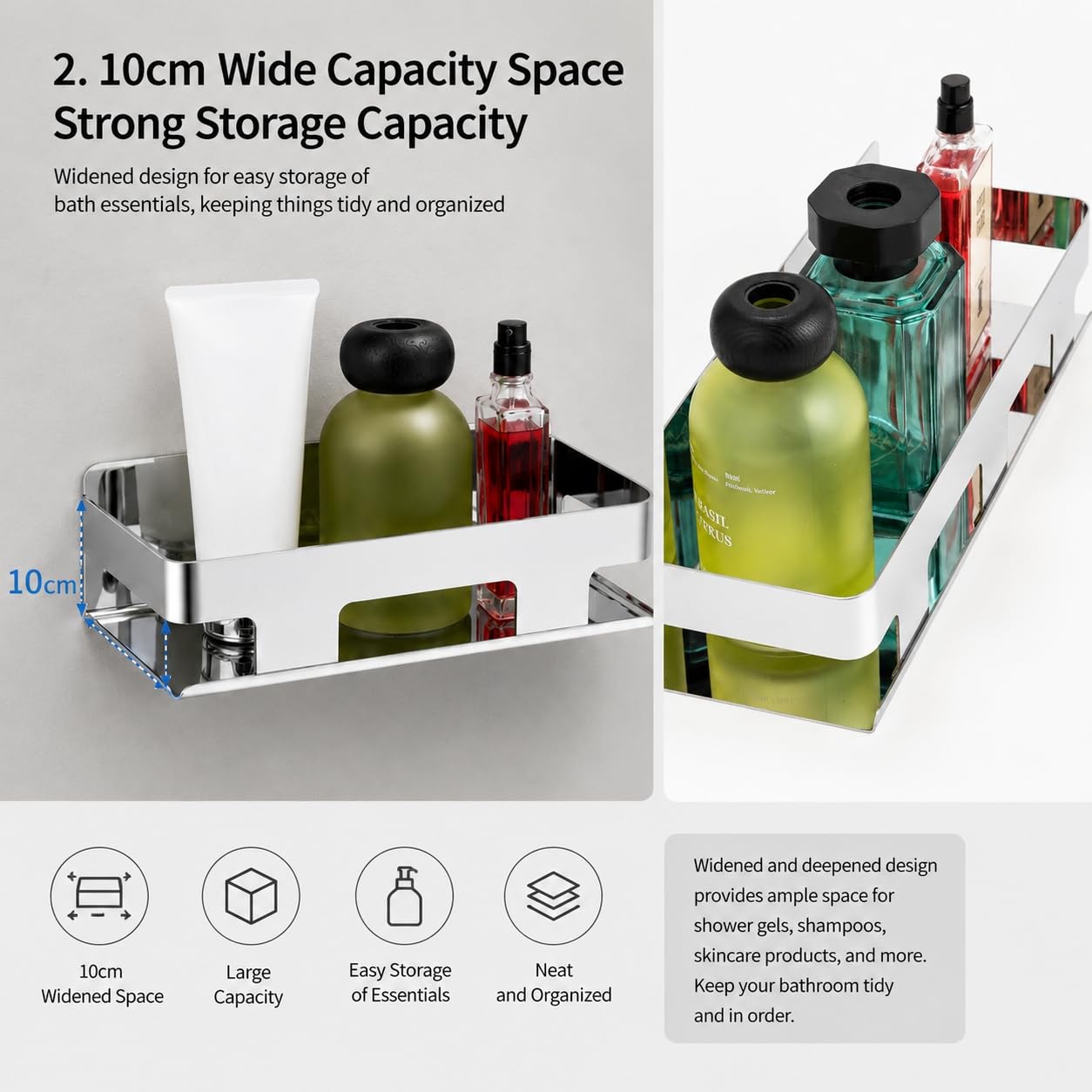Mensole Doccia senza Fori in Acciaio Inox SUS304 – Porta Shampoo e Bagnoschiuma da Bagno, Organizer Doccia Adesivo Antiruggine, Mensola Bagno Salvaspazio per Bagno Argento