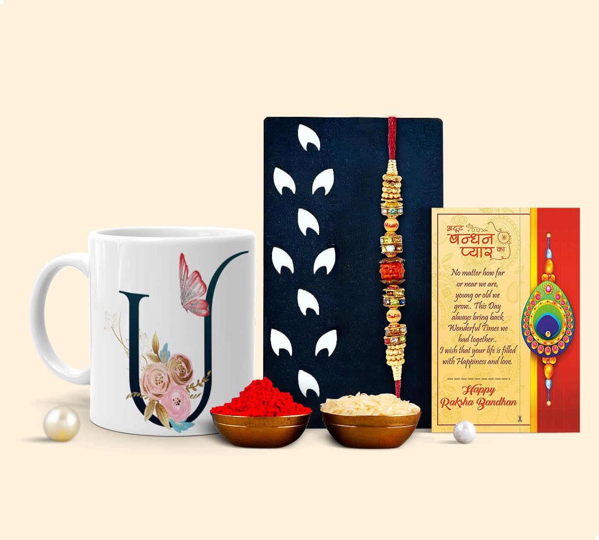 Kesri GiftsAlphabet U Ceramic Coffee/Tea/Milk Printed Mug & Rakhi Combo | 325 ml | Pack of 4 (Greeting Card, Roli Chawal, Rakhi, Printed Mug) Rakhi Gift for Brother (rk-rud-Alpha001-U)