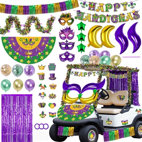 57 Pcs Mardi Gras Golf Cart Decoration Kit, Purple Green Gold Tri Color Wire Wreaths,Flags, Banners, Balloons, Masks, Perfect For Mardi Gras Parade,Holiday Celebrations, Indoor Outdoor Party Supplies