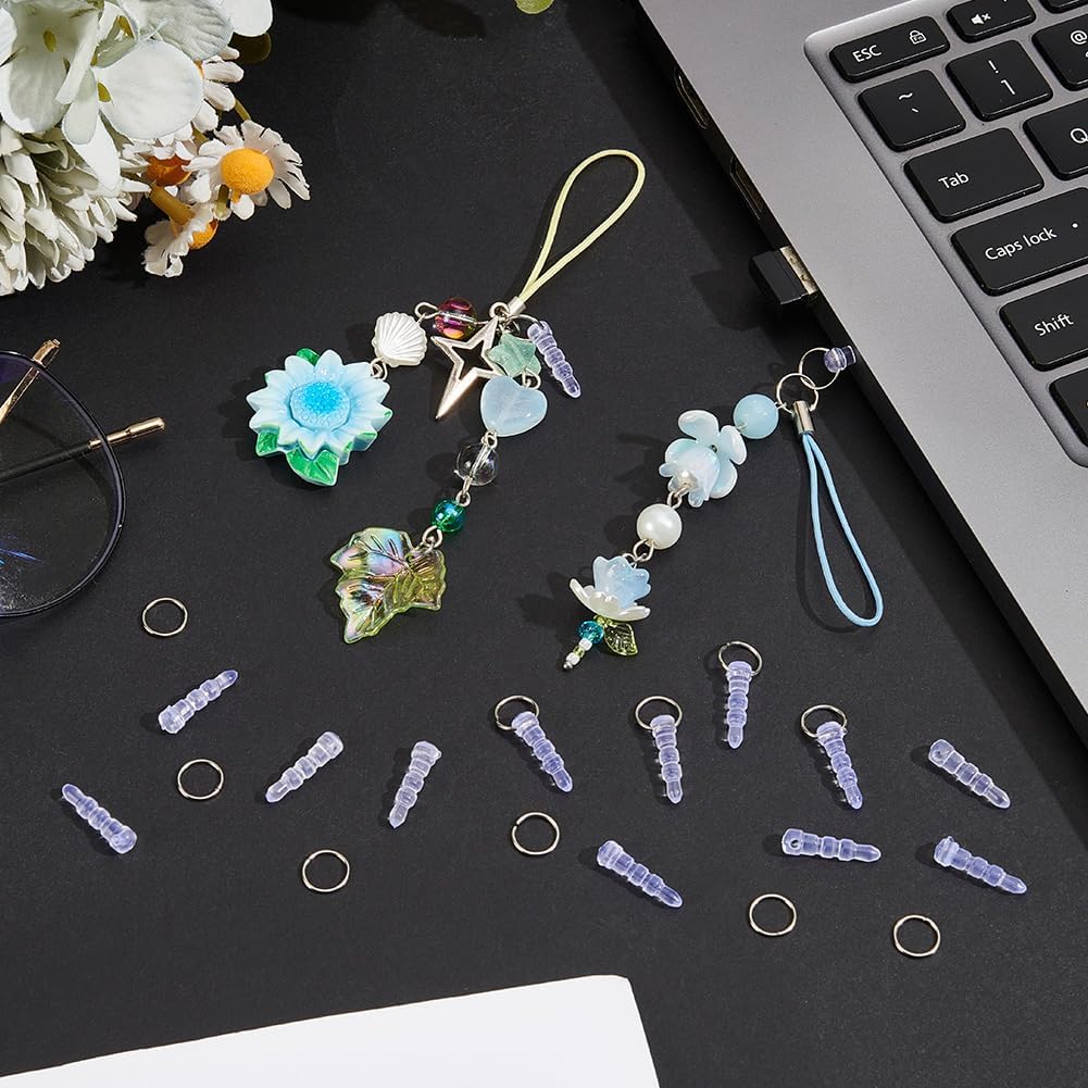 SUNNYCLUE 1 Box 50Pcs Headphone Jack Dust Plug Cell Phone Dust Charms 50Pcs Jump Rings 4mm Transparent Silicone Rubber Soft Port Cover Caps for Cellphone Laptops Earphone Adults Accessories Women Men