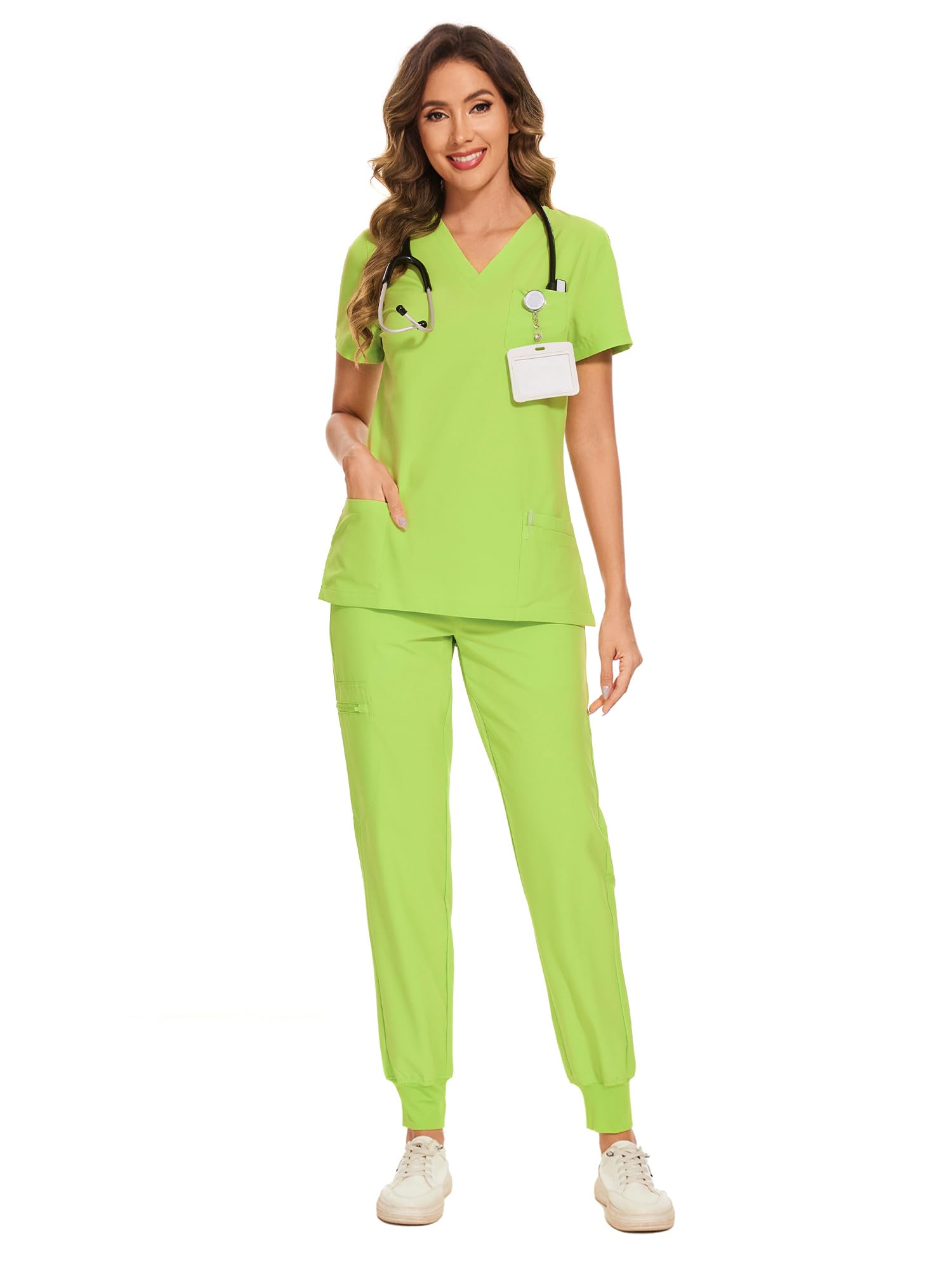 COZYFIT Scrubs for Women Set - Stretch V-Neck Scrub Top & Jogger Pant with 8 Pockets, Yoga Waistband, Anti Wrinkle, Slim Fit Women Scrubs - Apple Green, M