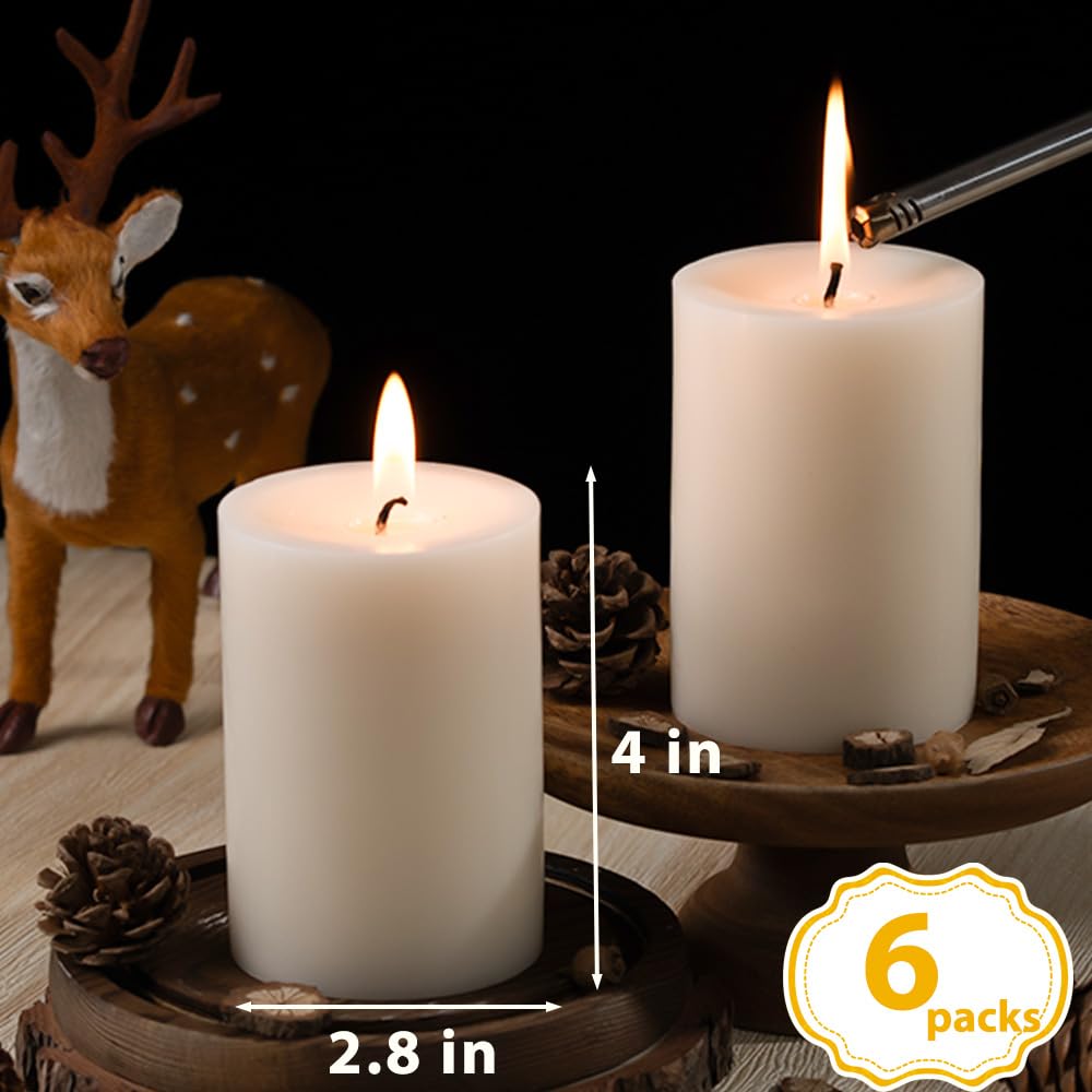 White Pillar Candles, Unscented Pillar Candles Bulk - 50 Hour Long Burn Time - Dripless and Smokeless White Wax Candles Dinner Table, for Wedding,Christmas and Home Decor [6 Pack, 2.8x4 inch]