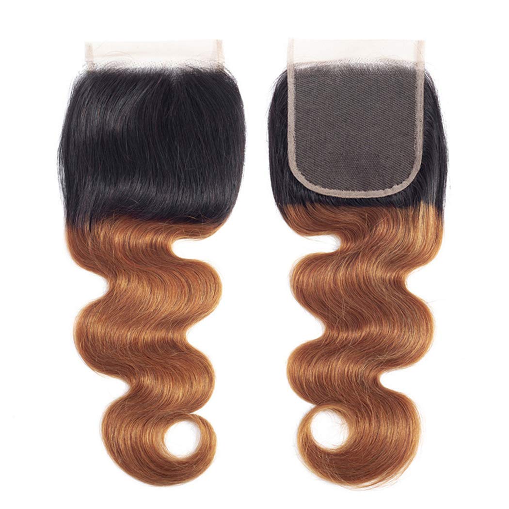 1B/30 Closure 4x4 HD Transparent Swiss Lace Ombre Closure Body Wave Human hair With Baby Hair Pre Plucked 150% Density Soft Remy Brazilian Virgin Hair 14 Inch Color #1B/30