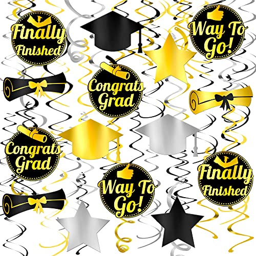 KatchOn, Graduation Hanging Decorations - Pack of 30 | Graduation Ceiling Decorations Hanging | Black and Gold Graduation Decorations 2025 | Graduation Hanging Swirls | 2025 Graduation Decor