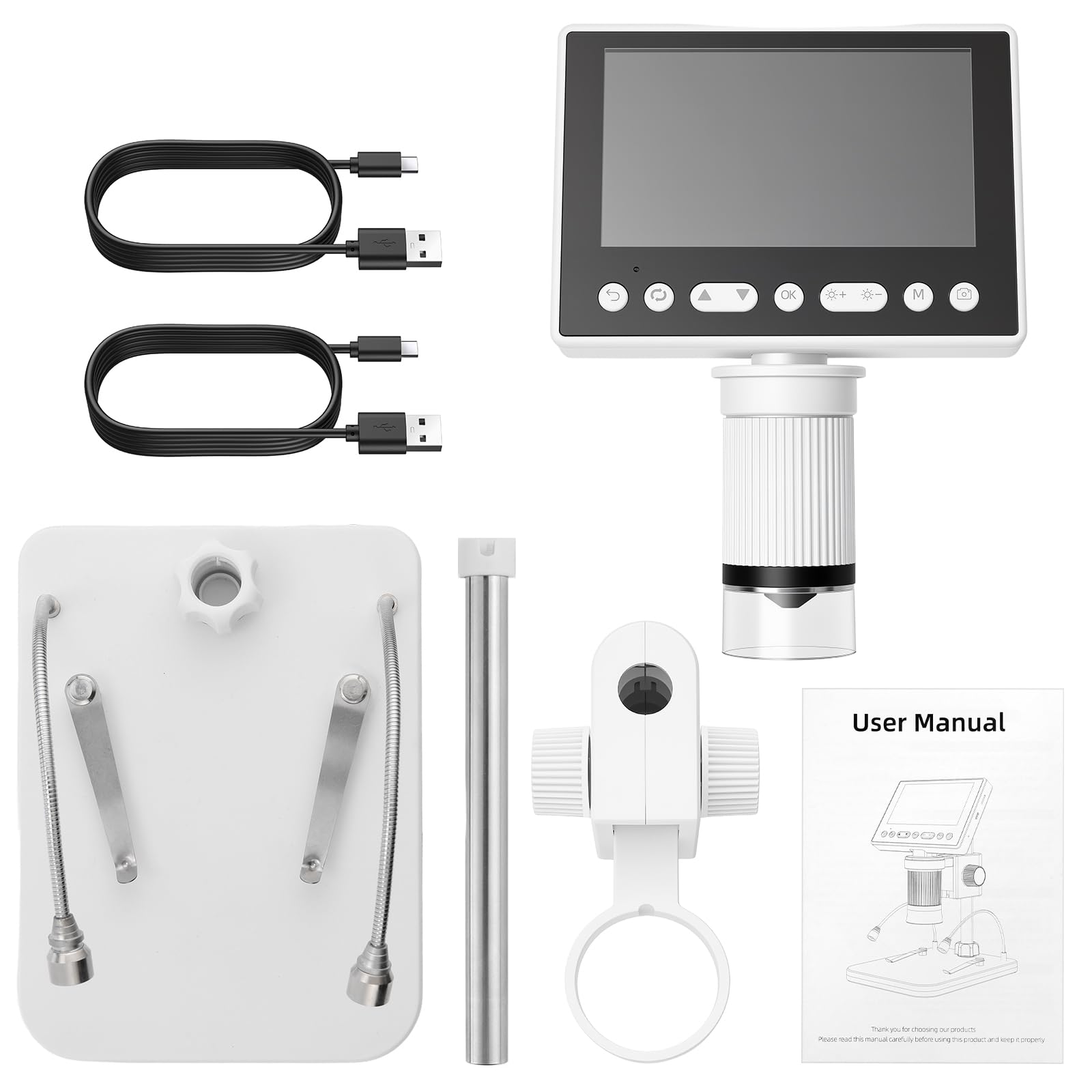 eSynic Microscope Numérique USB 5X-1000X 5MP 1080P avec Écran 4,5 Pouces | Zoom 5X à 1000X, 8 LED Réglables, 2 Projecteurs de Tuyau, Support Réglable, Carte MicroSD 32 Go, Compatible Windows et Mac