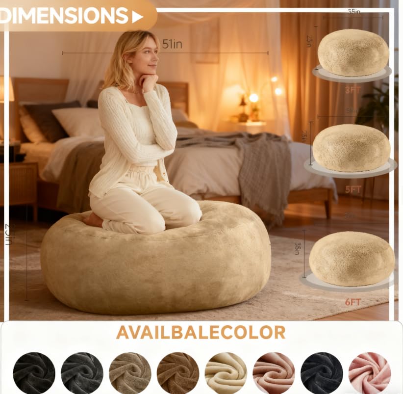 Image of Bean Bag Chair with Plush Faux Fur Cover with Removable CoverBig Bean Bag Chair for Living Room Bedroom (Apricot, 6FT)