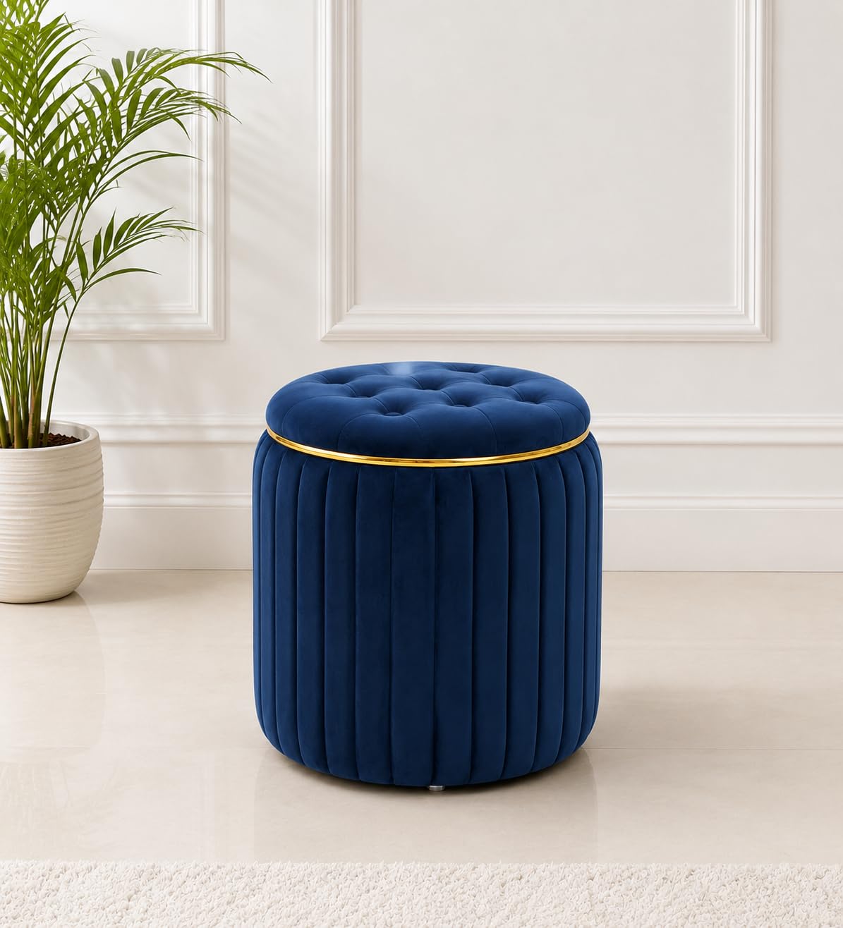 Trending Round Velvet Ottoman Stool | Multipurpose Footrest , Sofa extra seating Puffy & Mackup Stool | For Living Room ,Home & Kitchen seating | Modern Home decor Pouff | Vanity seating | (BLUE)-image-20
