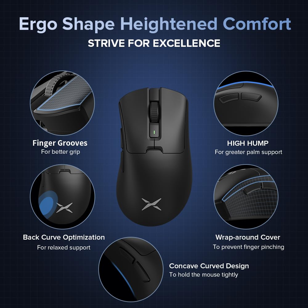 DeLUX Mouse Gaming Ergonomico Wireless M900PRO, 8000Hz Frequenza di Polling, 63g Leggero, Sensore PAW3395, 26000 DPI, Interruttori Huano, con Dock di Ricarica Magnetico (Nero)