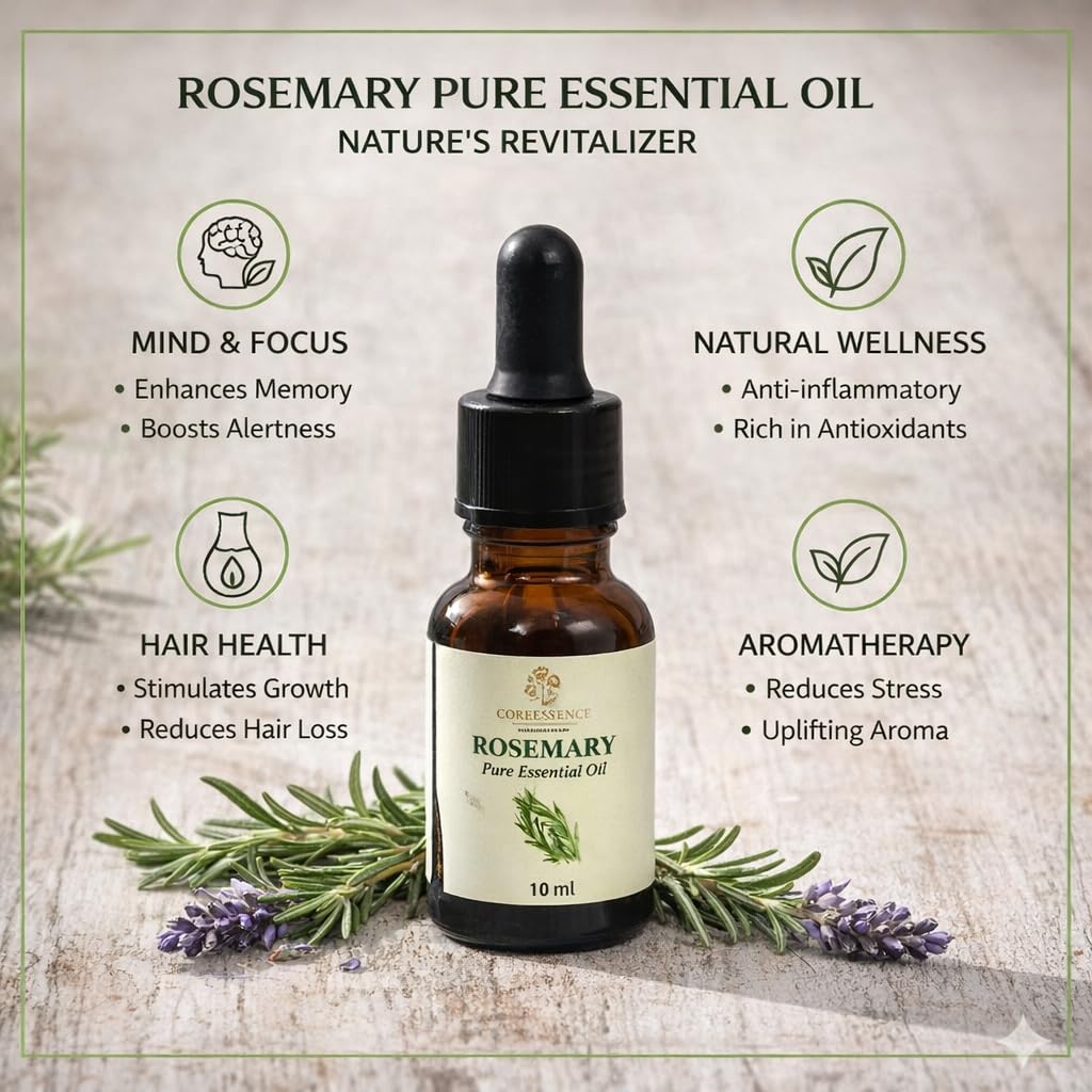 COREESSENCE Essential Oil Combo Set, Rosemary, Lemon, Tea Tree, Ylang Ylang and Lavender, 10ml Each, Pack of 5, for Hair, Skin, Relaxation and Diffuser 2