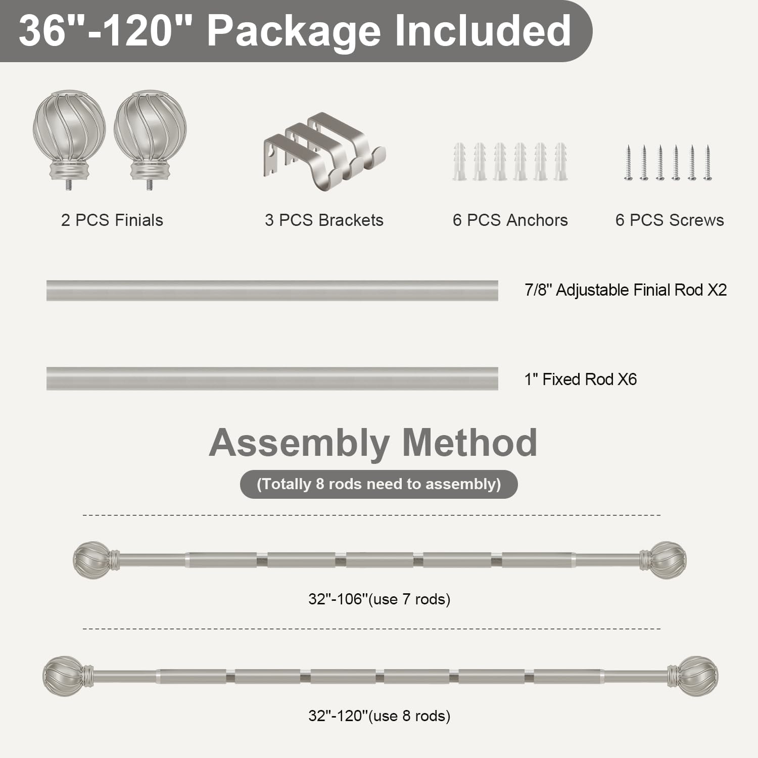 Silver Curtain Rods for Windows 66 to 120 Inch 7/8" Diamete Heavy Duty Adjustable Window Curtain Rod with Decorative Finials for Farmhouse Bedroom Living Room Kitchen Outdoor
