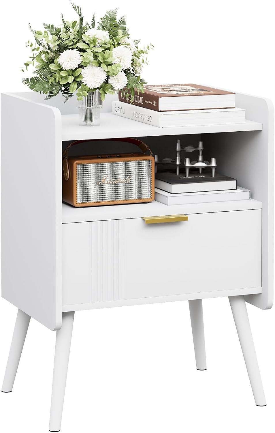 Garden 4 you Bedside Table, Nightstand, Bed Side Table with Wood Decorated Drawers, Modern Bedside Cabinet, Bedroom End Table with Storage, Quick Easy Assembly (Black) (White, One Drawer)