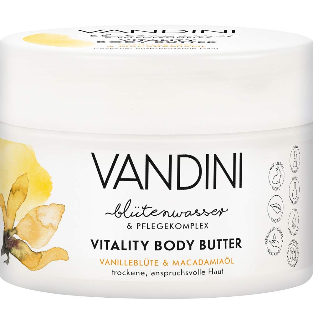 VANDINI Vitality crema corporal con flor de vainilla y aceite de macadamia - crema facial y para el cuerpo para pieles normales a secas - Crema hidratante vegana 3x 200 ml