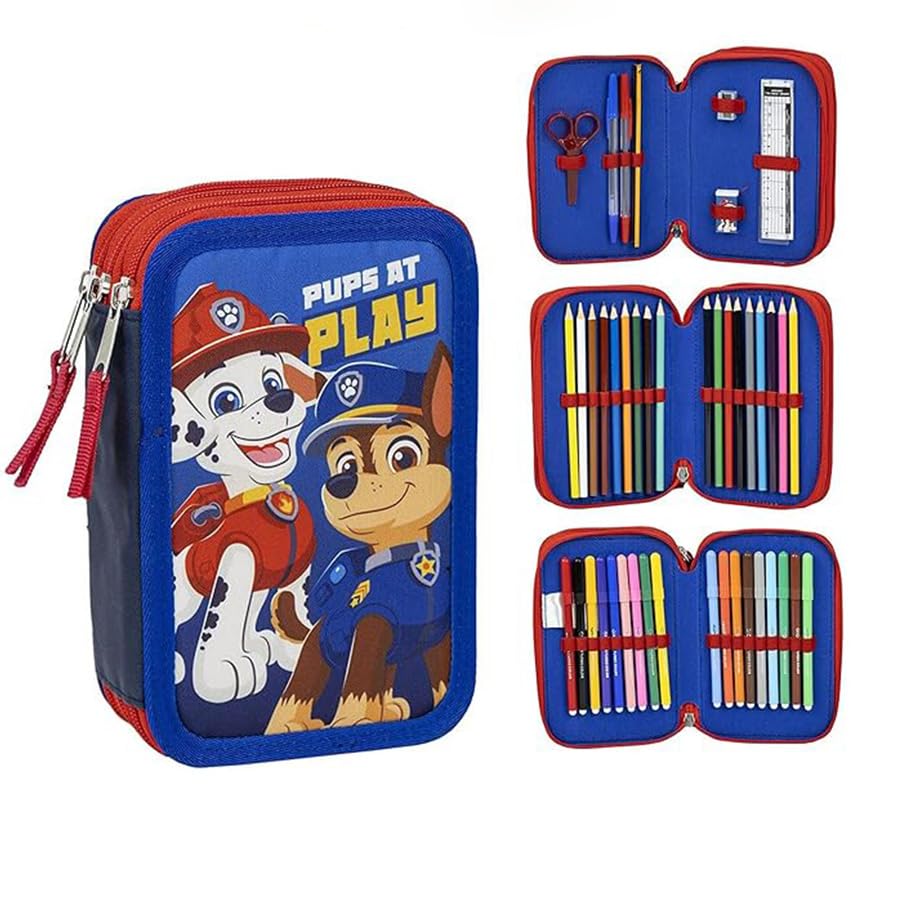 Paw Patrol Filled School Pencil Case for Kids, 3-Tier Stationery Set with HB Pencil, Pens, Scissors, Ruler, Eraser, Sharpener, 18 Colouring Pencils & 18 Giotto Felt Tip Pens – Back to School Gift