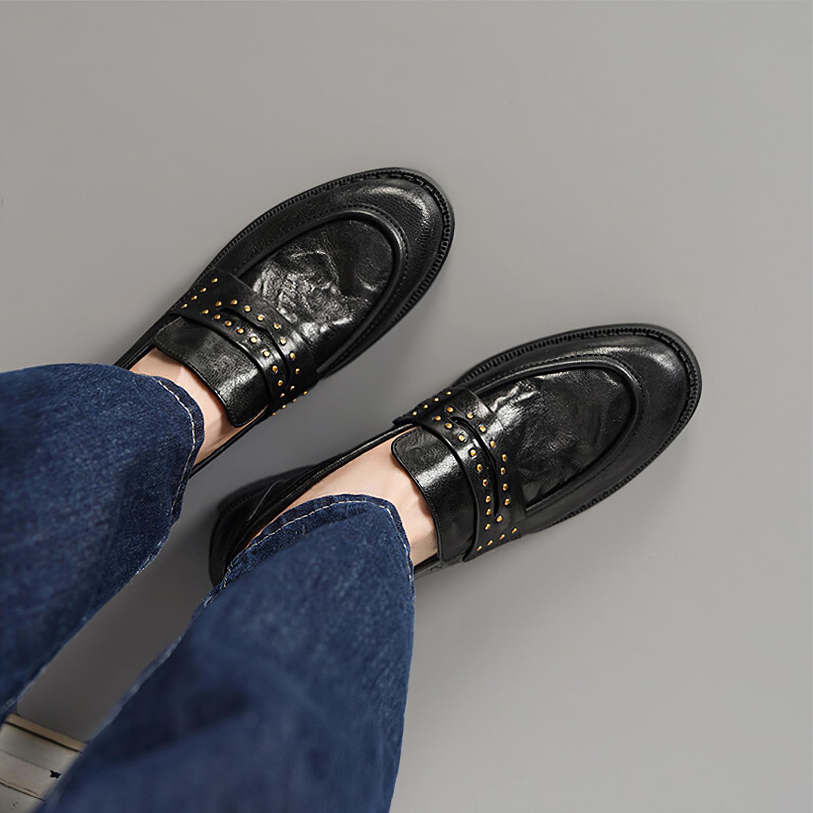 ANUFER Mujeres Cool Punk Remache Mocasines Penny Punta Redonda Slip-On Tacón de Bloque Zapatos de Vestir
