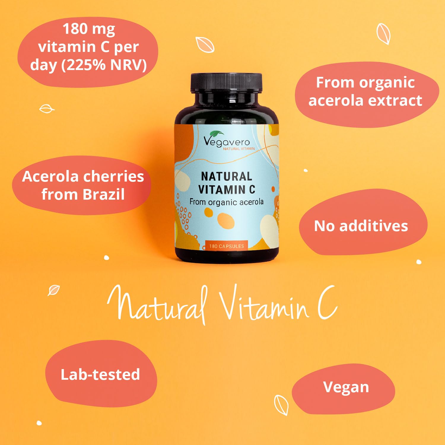 Vegavero Natural Vitamin C Supplement | Organic VIT C from Acerola Cherry Extract | 225% NRV | NO Additives| 180 Capsules | Vegan