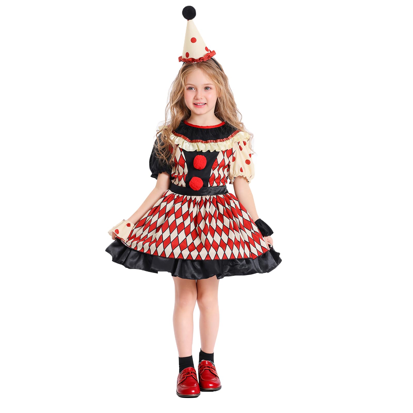 Gliswaieuznd Kids Scary Clown Costume Halloween Dress Up Jester Cosplay Outfit with Hat (Red, 13 Years)