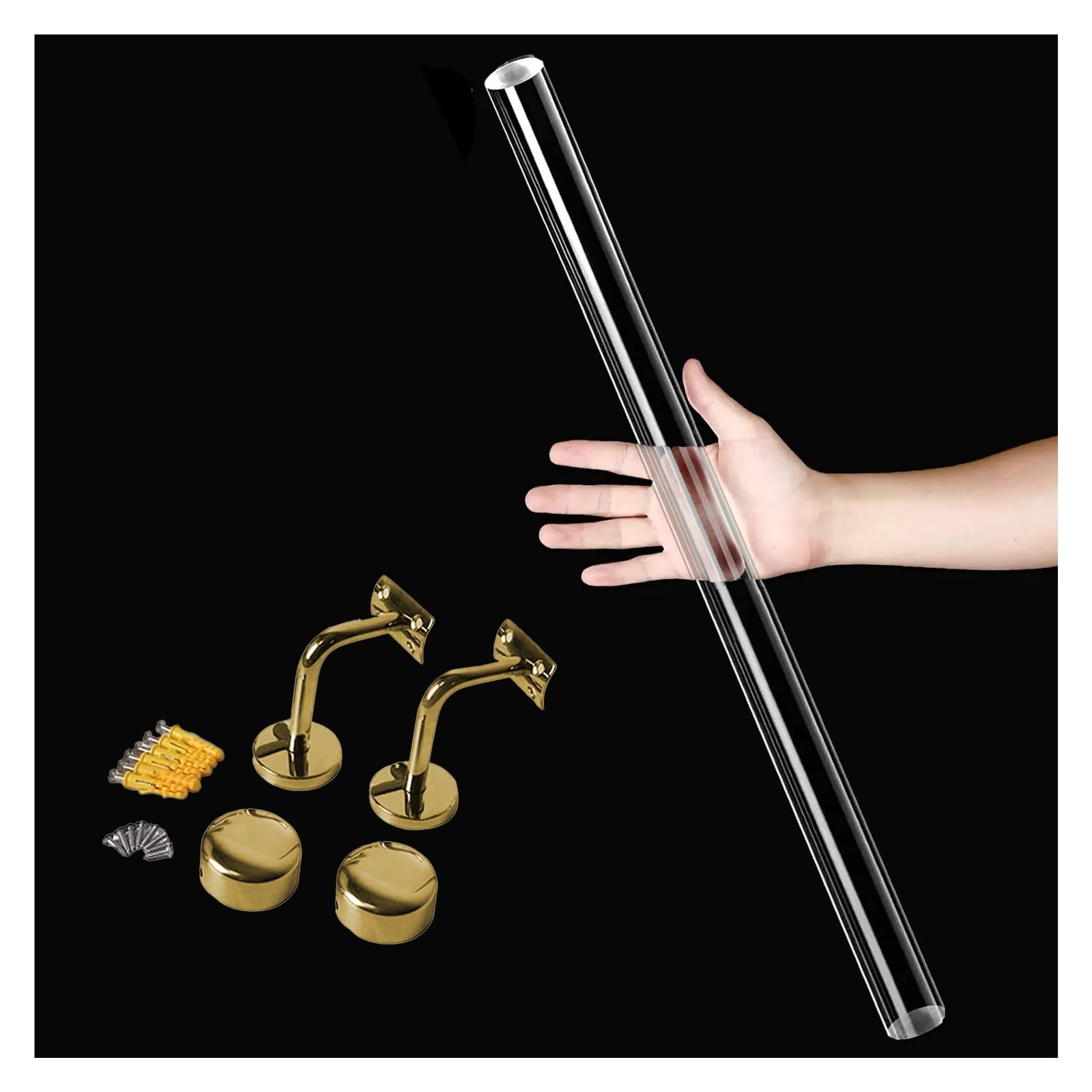 Custom Clear Acrylic Stair Handrail - Non-Slip Wall-Mounted Rail for Indoor/Outdoor Use (1.6ft-20ft)(Golden Brackets,220cm(7.2ft))