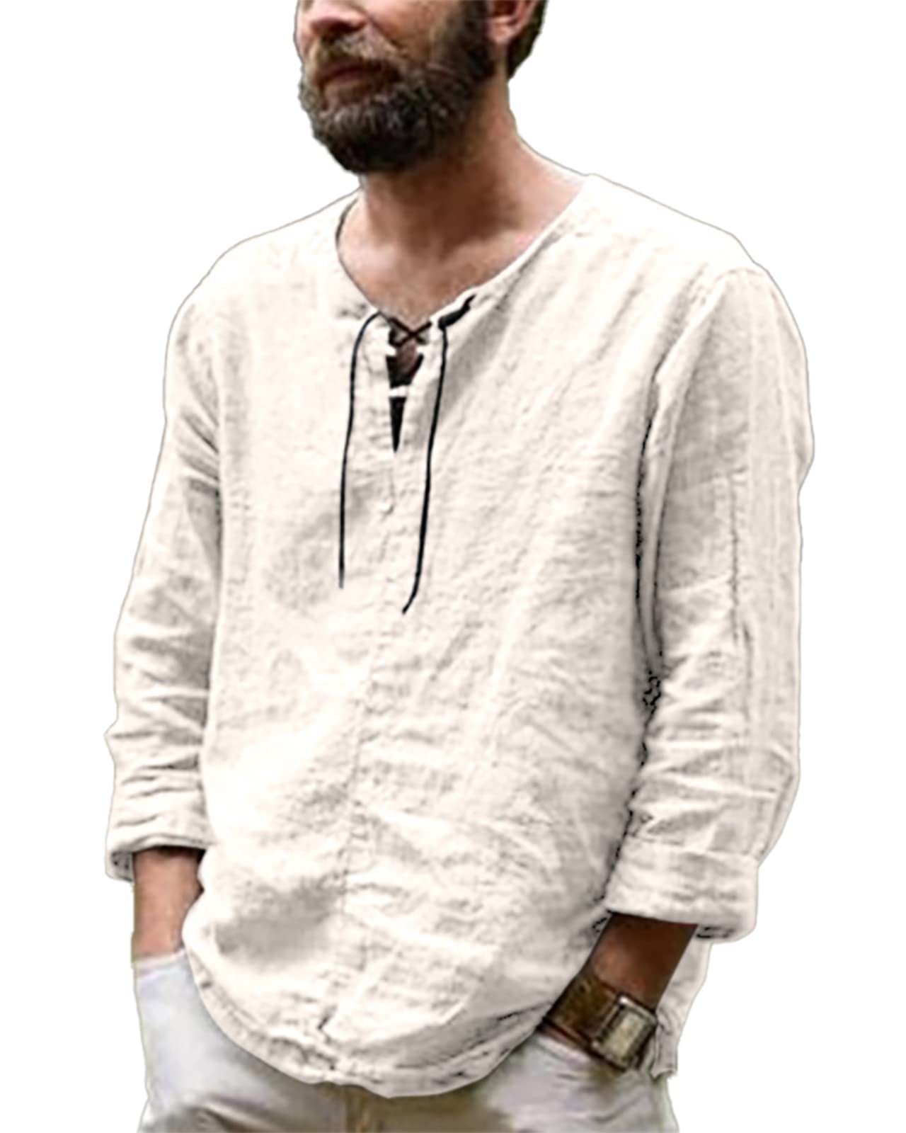 Mens Cotton Linen Shirt Casual Long Sleeve Shirt Henley Pullover Tops
