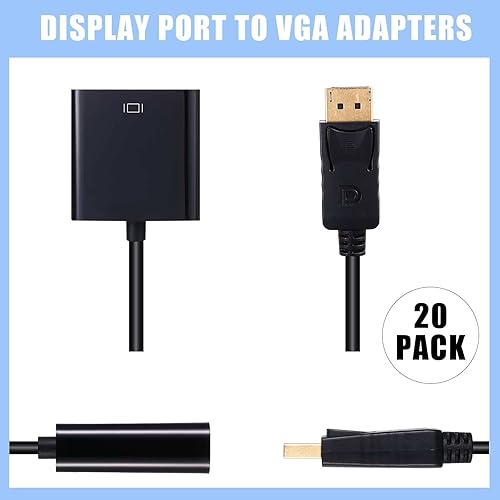 Miniatura 2 de Paquete de 20 adaptadores de puerto de pantalla a VGA chapados en oro adaptadores DP a VGA convertidores negros DP a VGA adaptadores de cable macho