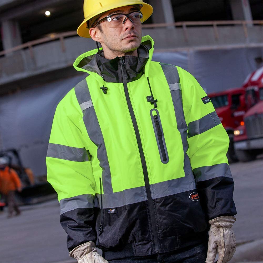 Pioneer High Visibility, Waterproof, 300D Nano Tech Heated Safety Bomber Jacket with Detachable Hood, Reflective Tape, Yellow, V1210160U-2XL: Industrial & Scientific