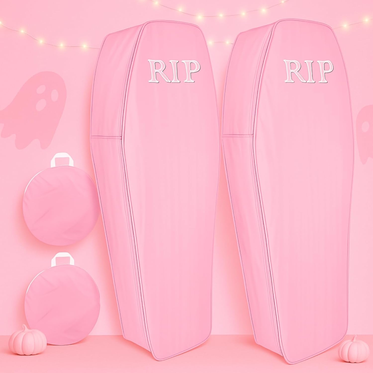 Liliful 2 Pcs Halloween Cemetery Pop up Coffin with Lid, 60 Inch Collapsible Scary Fake Fabric Coffin Prop Life Size, for Graveyard, Halloween Decoration, Lawn, Party (Pink,Lifelike) Pink Lifelike