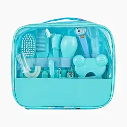 Kit Higiene e Cuidados para Bebê Recem Nascido 13 Peças + Bolsa – Termômetro de agua, Aspirador Nasal, Cortador de Unhas, Escova, Pente e Mais (Azul)