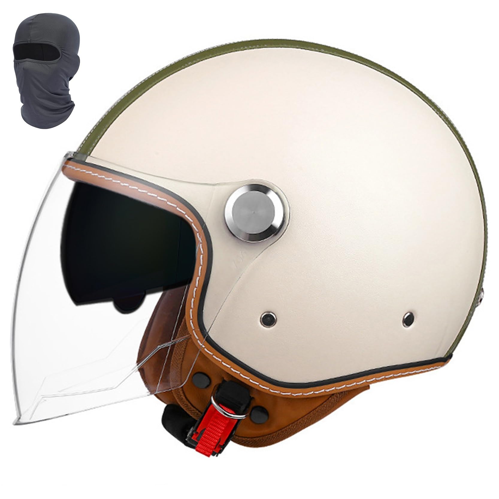 Casco Jet 3/4 Beige Donna, Casco Jet Moto in Pelle Retrò Omologato DOT/ECE, con Doppia Visiera, Casco Mezzo Viso Leggero for Scooter, Ciclomotore, Moto