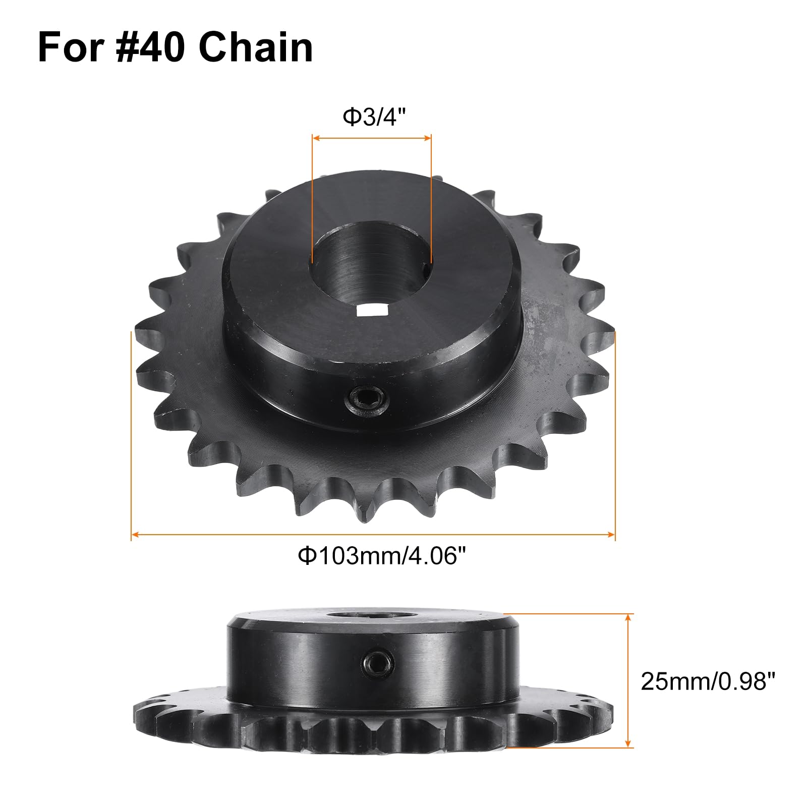 uxcell Pignone a rullo per catena tipo B #40, foro da 1", 24 denti, pignone catena a filo singolo, acciaio al carbonio, scanalatura con viti di fissaggio