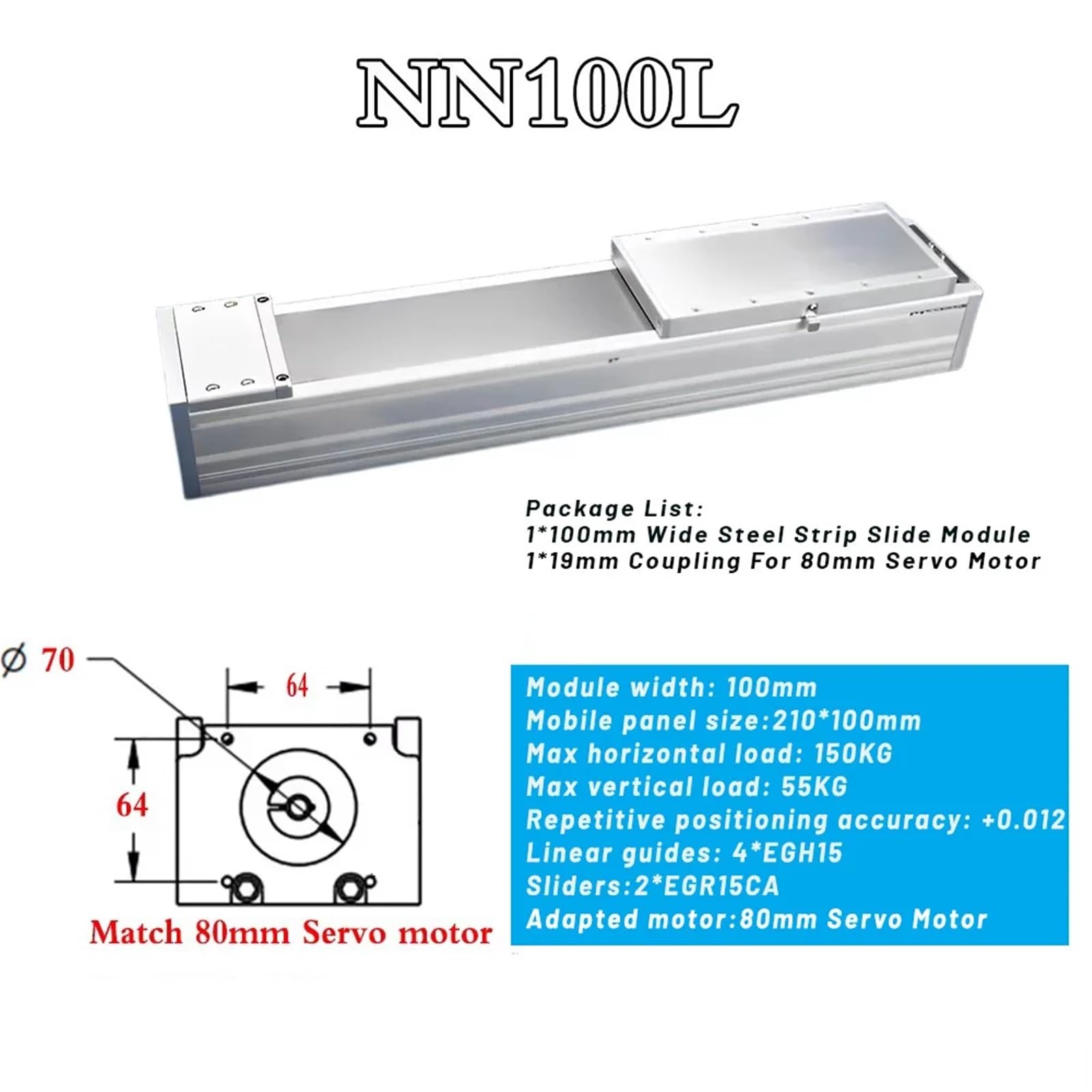 Attuatore lineare completamente chiuso, larghezza 100 mm, carico pesante 150 kg, tavolo scorrevole di precisione 4*EGH15CA SFU1605/1610, precisione ±0,012 mm(57mm Motor,SFU1610-200MM Stroke)