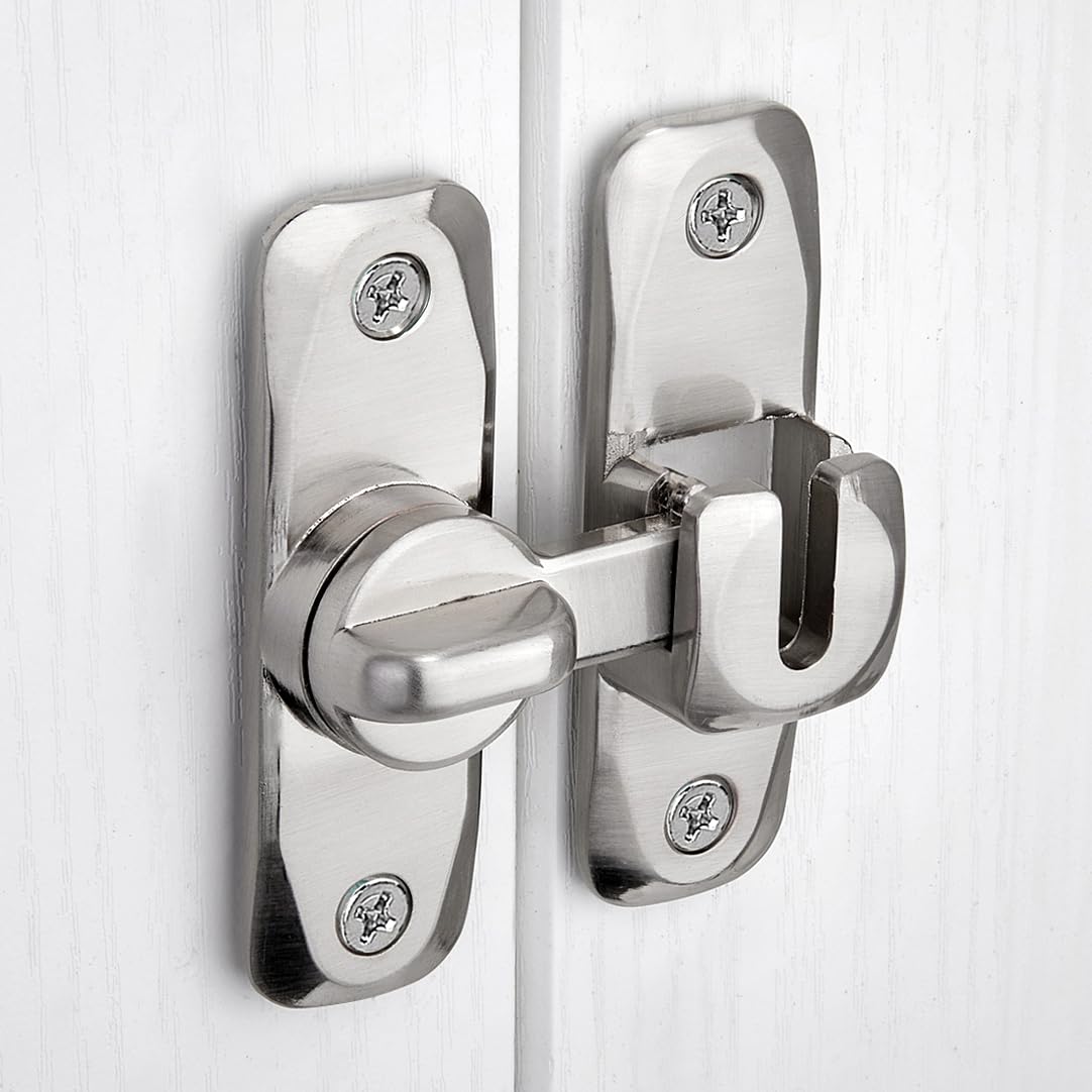 INIRET Paquete de 4 pestillos de puerta de granero, cerradura de puerta plateada de 90/180 grados, pestillo de aleación de zinc en ángulo recto, pestillos de puerta abatible, cerradura de seguridad