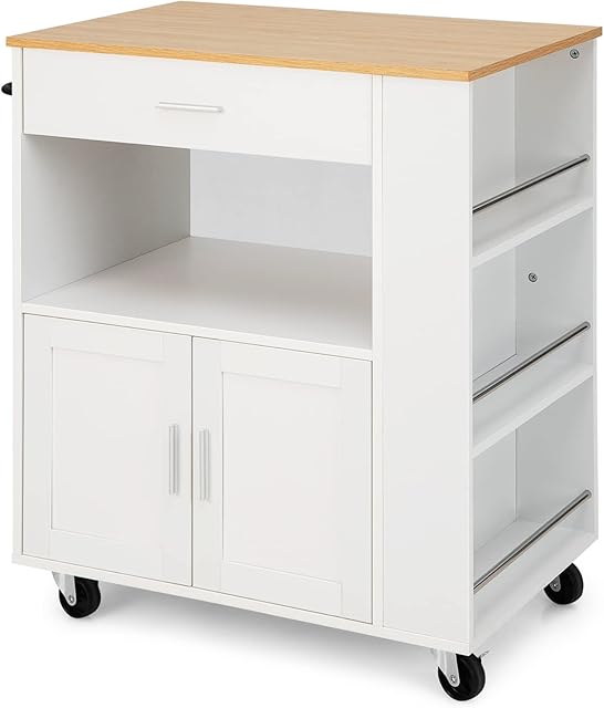 COSTWAY Kitchen Island Cart, Rolling Serving Storage Trolley with Towel Bar, Spice Racks, Drawer, Open Shelf & Wheels, 82x50x92cm Utility Organiser Cabinet