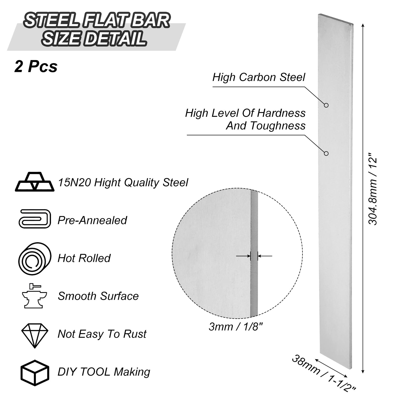 PATIKIL 2er-Pack 15N20-Stahl für die Messerherstellung, 12" x 1 1/2" x 1/8" Stahlblech für DIY-Blankblech, professionelle und Hobbynutzung